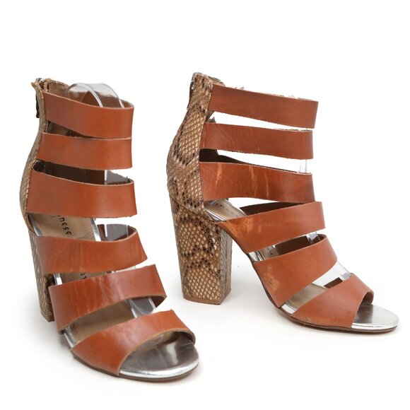 Chinese Laundry Brown Cage Strappy Sandals Python Block Heel Open Toe Shoes - Picture 5 of 12